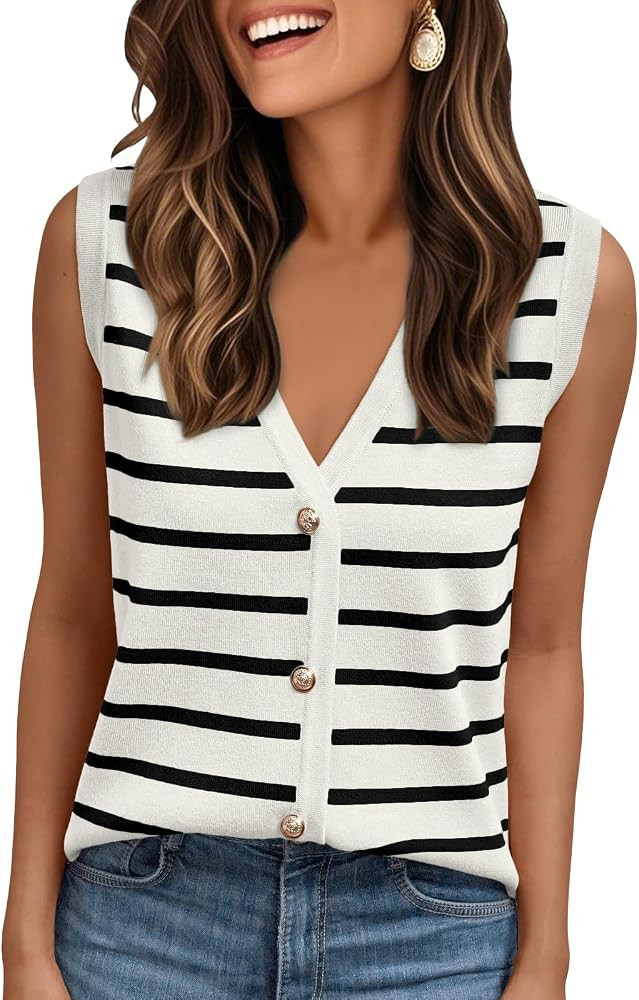 AUTOMET Vest for Women Striped Sweater Vests 2025 Trendy Summer Work Crochet Tops Button Up Busin... | Amazon (US)