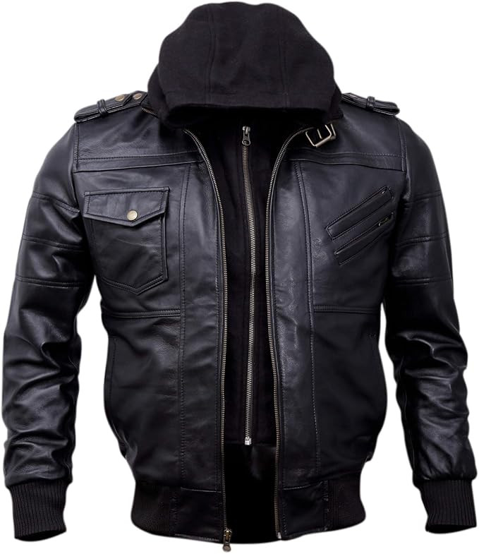 Mens Genuine Black Hooded Bomber Leather Jacket | Real Lambskin Waxed Brown Leather Jackets for M... | Amazon (US)