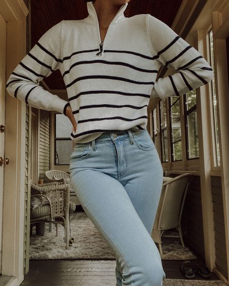 Joules sweater, Levi’s jeans, 725 Levi’s jeans, light wash jeans, striped sweater, monochrome minimalist, casual outfit, fall outfit

#LTKstyletip #LTKSeasonal