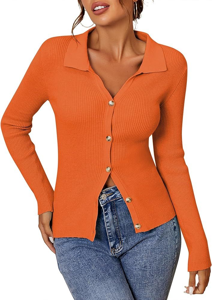 Women Long Sleeve Polo Sweater V Neck Button Down Ribbed Knit Cardigan Top | Amazon (US)