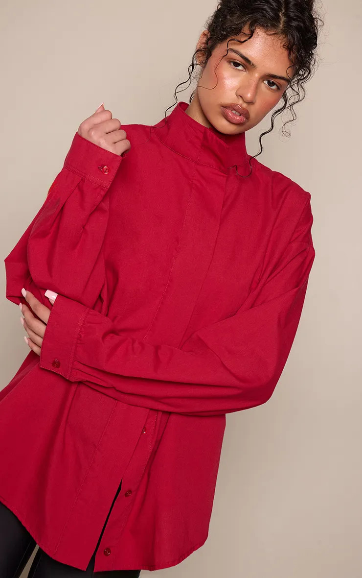 RED Woven Funnel Neck Concealed Button Shirt | PrettyLittleThing US