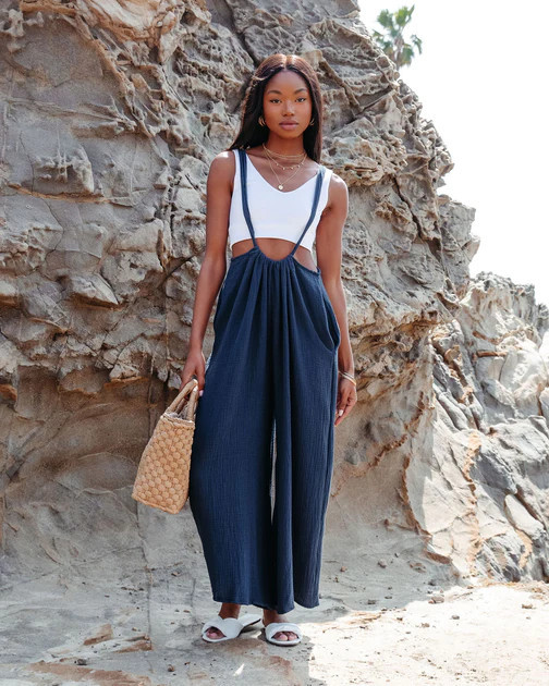 Half Moon Bay Cotton Pocketed Overalls - Navy | VICI