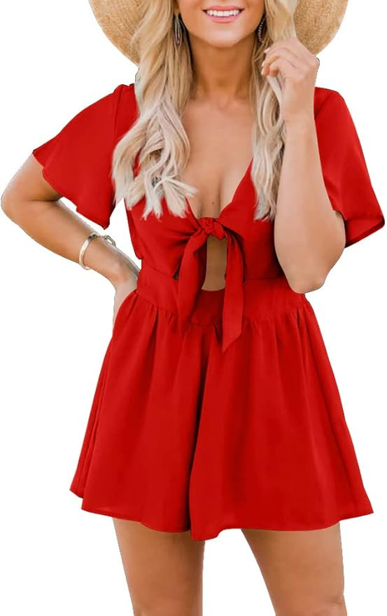 Aoysky Womens Summer Short Rompers Sexy Cute Loose Tie Front Jumpsuit Casual V Neck Wide Leg Beac... | Amazon (US)