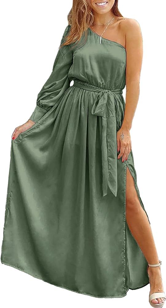 KIRUNDO Women's Satin Long Sleeve One Shoulder Maxi Dress Asymmetrical Belted Tie Waist Split Party  | Amazon (US)