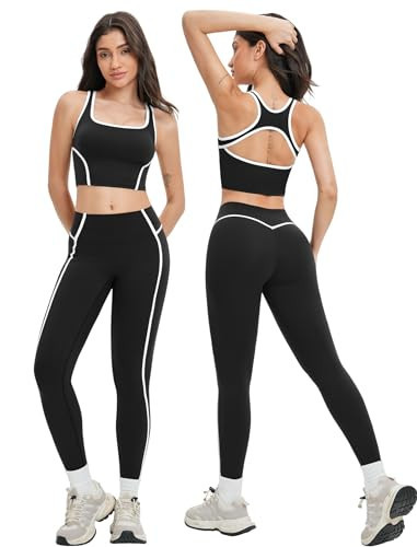 QBGJTD Womens Workout Sets Two Piece Racerback Backless Color Block Tank Tops Matching Tummy Control High Waist Leggings Gym Yoga Active Wear Outfits 2 Piece for Women Athletic Work Out Set S Black | Amazon (US)