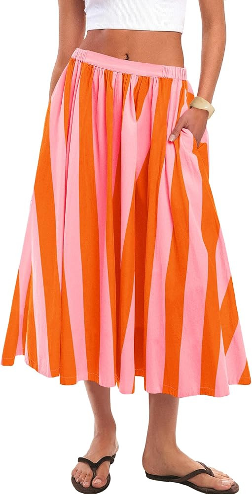 Panadila Womens Striped Midi Skirt Summer Beach Long Flowy Skirts Elastic High Waisted A Line Ski... | Amazon (US)