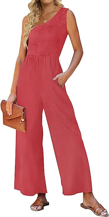 ZESICA Women's Summer Casual One Shoulder Sleeveless Smocked High Waist Loose Wide Leg Jumpsuit R... | Amazon (US)