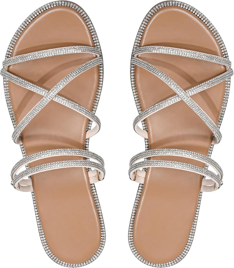 Sksshion Women's Glitter Rhinestone Flat Criss Cross Strappy Open Toe Sandals Slip On Slippers | Amazon (US)