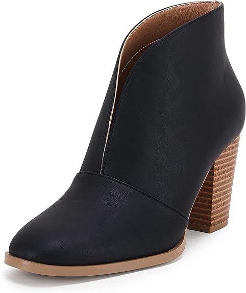 Womens V Cut Out Ankle Boots Slip On Square Toe Chunky Stacked Heel Booties | Amazon (US)