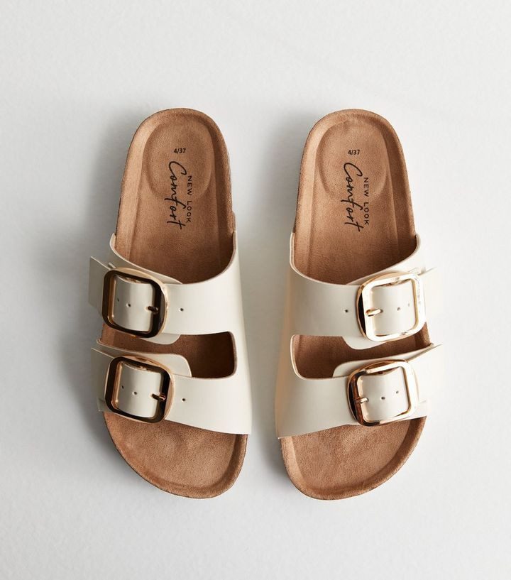 Cream Leather-Look Buckle Strap Footbed Sliders | New Look | New Look (UK)