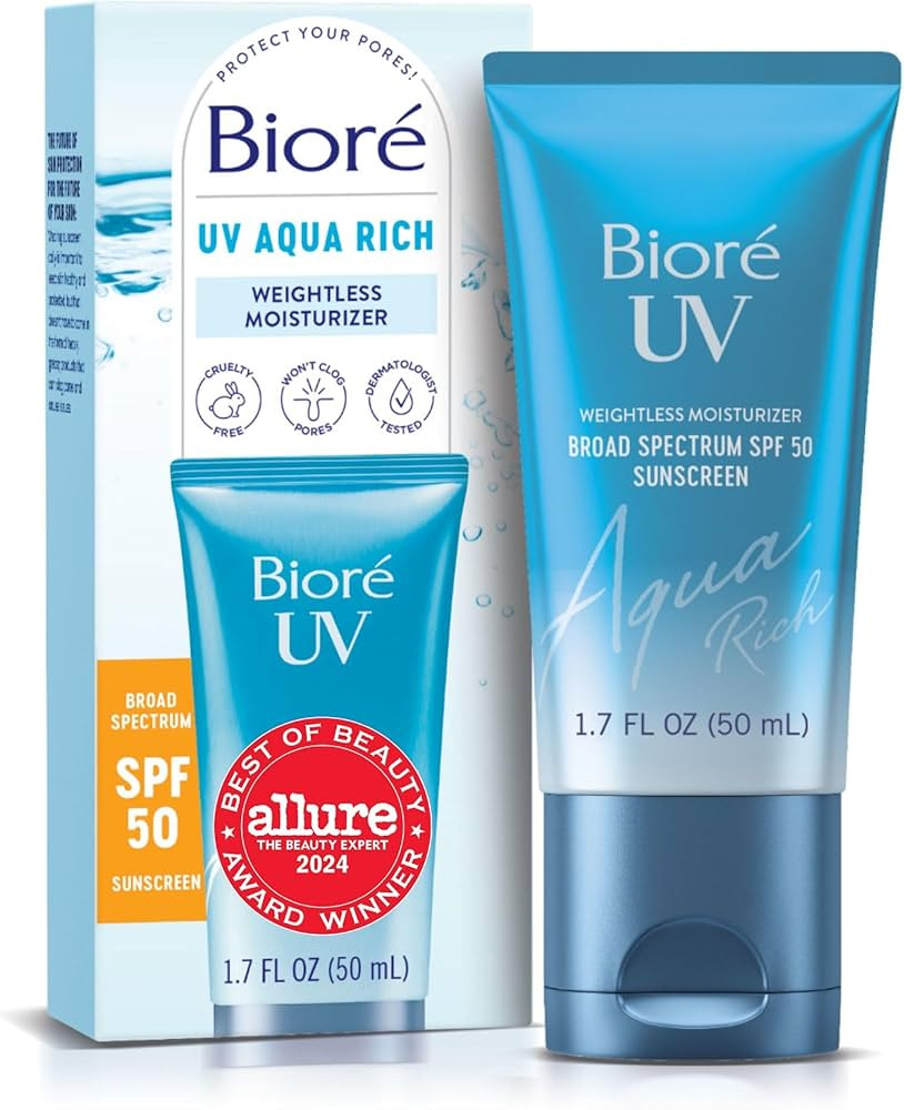 Bioré UV Aqua Rich Daily Hydrating Facial Moisturizer with SPF 50 | Oil Free Sunscreen & Primer ... | Amazon (US)