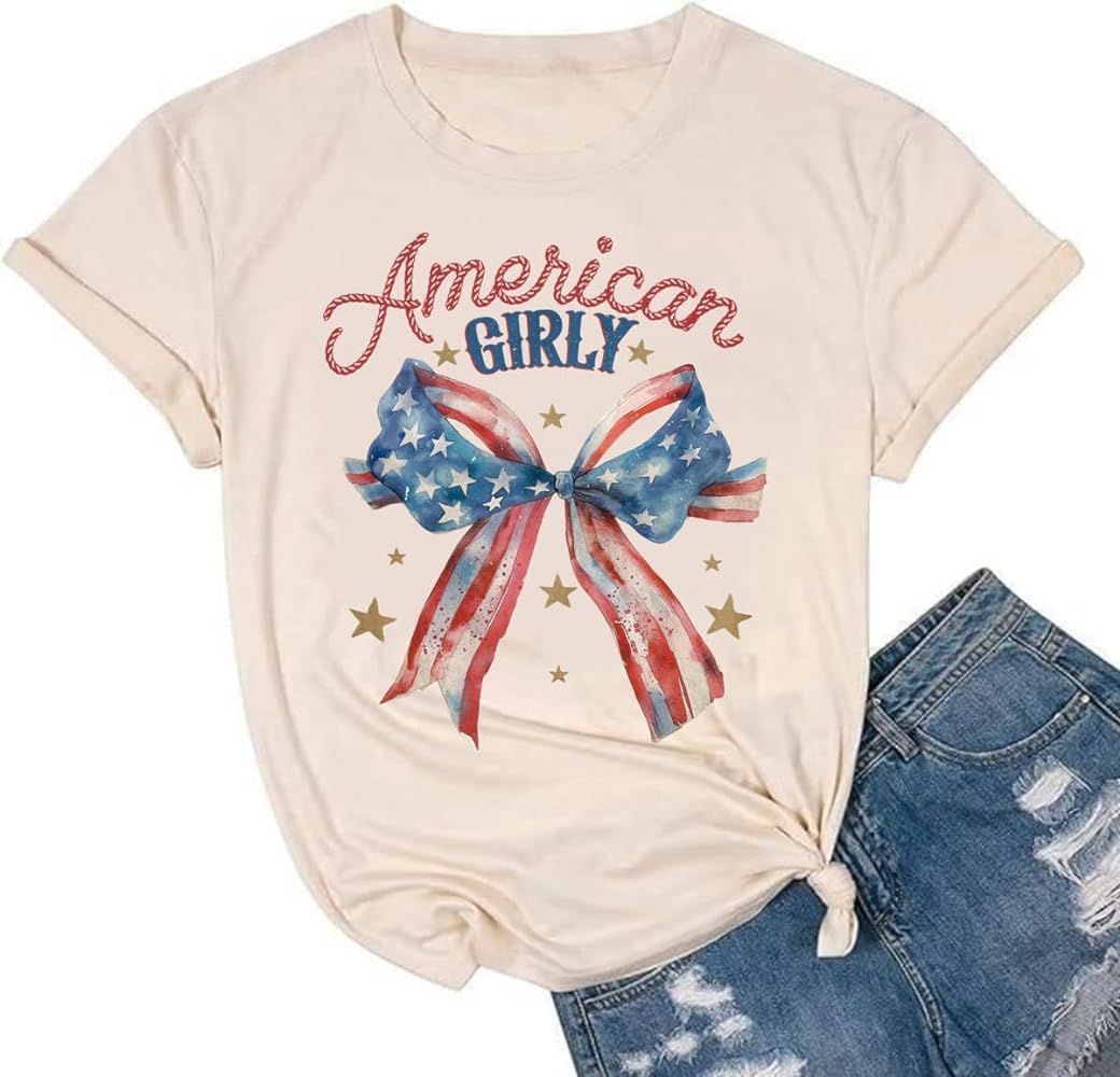 American Flag Shirt Women Coquette Bow Patriotic T-Shirt 4th of July American Girly Graphic Tees | Amazon (US)