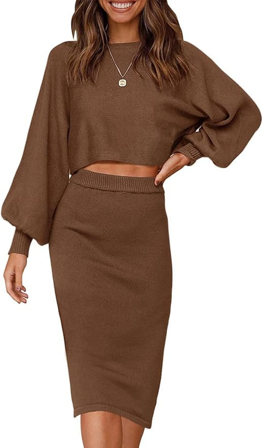 ZESICA Women's Casual Two Piece Outfits Long Sleeve Ribbed Knit Top and Bodycon Midi Skirt Oversi... | Amazon (US)