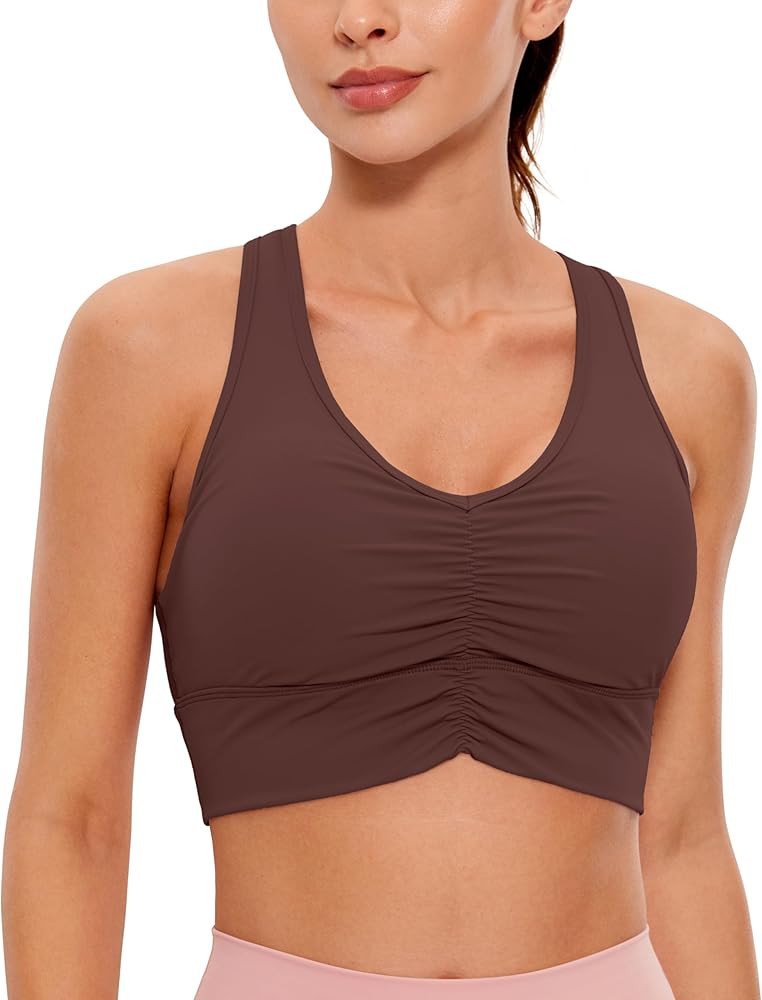 CRZ YOGA Womens Ulti-Dry Ruched V-Neck Longline Sports Bra - Racerback Padded Low Cut Yoga Bra Cr... | Amazon (US)