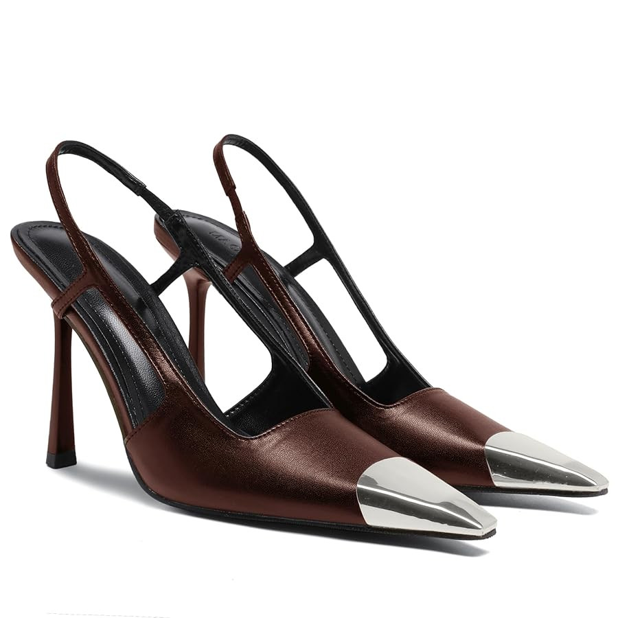 Black Slingback High Heels for Women Metal Pointed Toe Stiletto Heels Closed Toe Pumps Patent Lea... | Amazon (US)