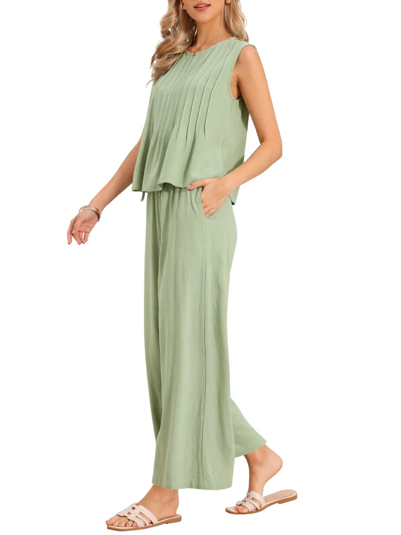 INSPIRE CHIC Women's 2 Piece Linen Outfit Sleeveless Crop Top and Wide Leg Pants Casual Summer Se... | Walmart (US)