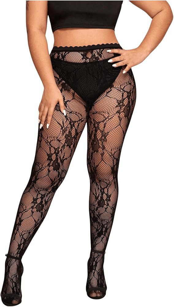 WDIRARA Women's Plus Size Fisnnet Stocking Patterned Tights High Waist Mesh Pantyhose | Amazon (US)
