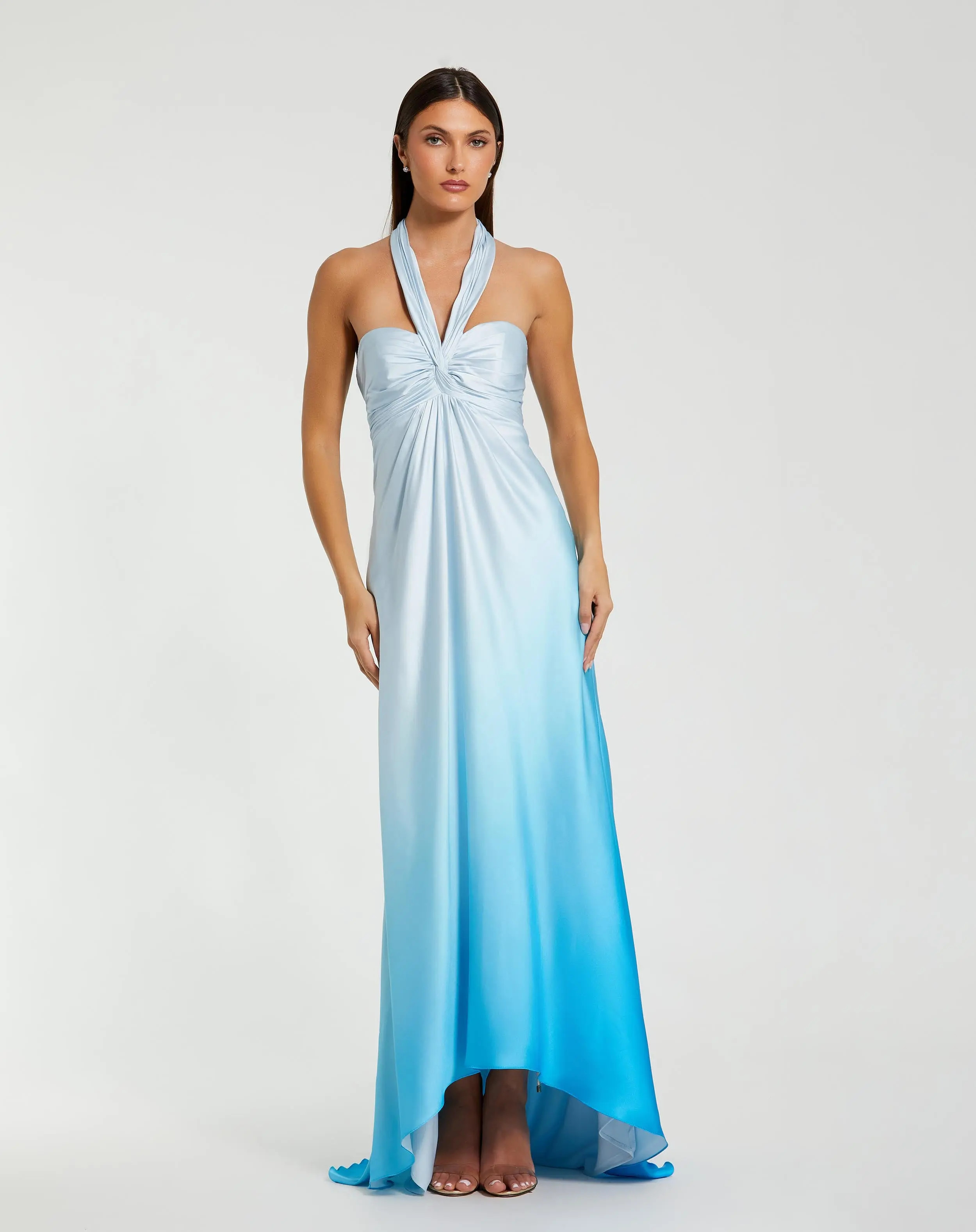 Blue Charmeuse Tie Halter Neck Ombre Gown | Mac Duggal | Mac Duggal