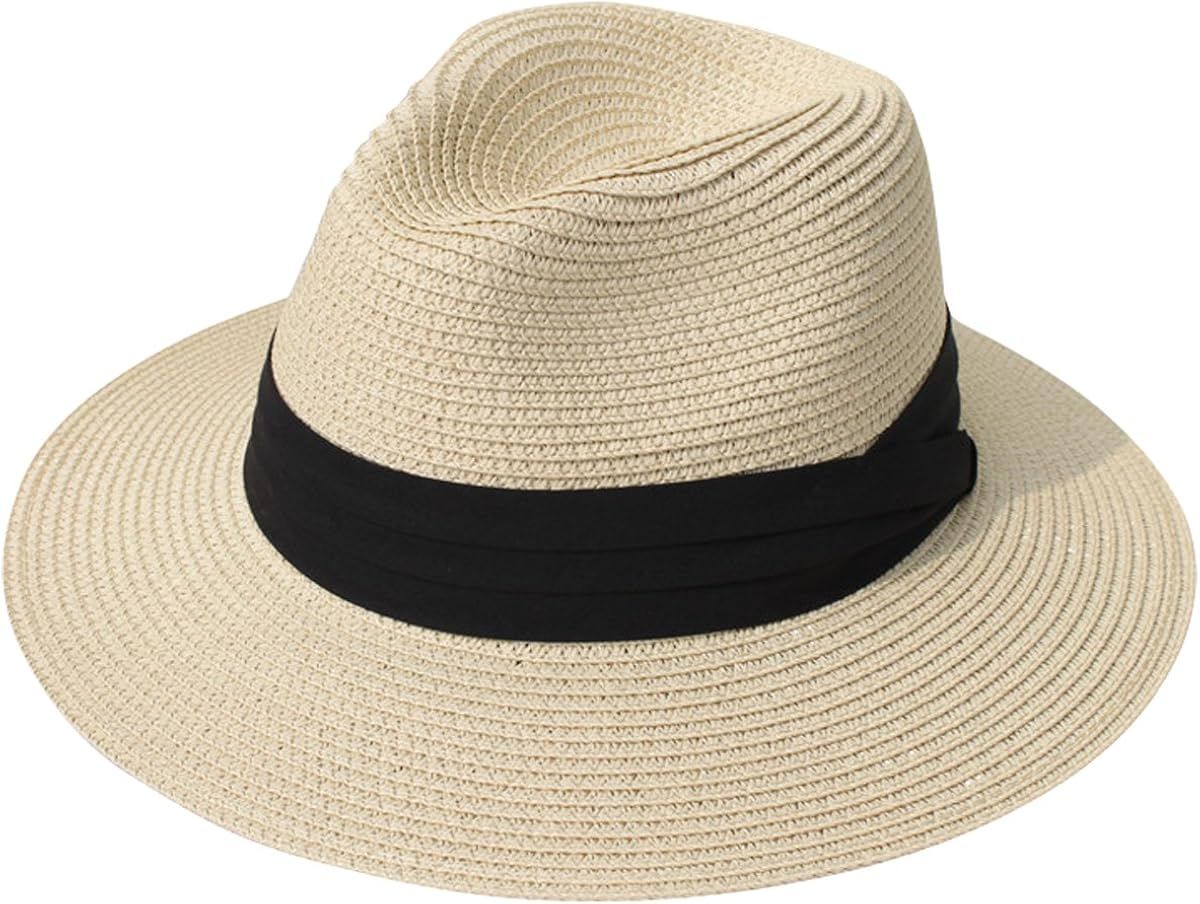 Lanzom Women Wide Brim Straw Panama Roll up Hat Fedora Beach Sun Hat UPF50+ | Amazon (US)