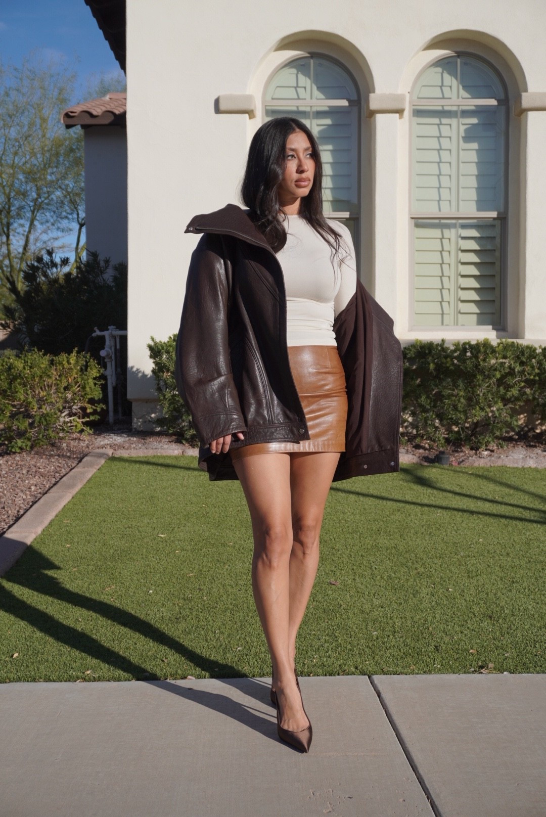 Oversized leather jacket 
Leather mini 
Sling back pumps 
Winter fashion 
Date night outfits 
Outfit ideas 
Capsule wardrobe 
Investment pieces 

#LTKOver40 #LTKootd #LTKBeauty