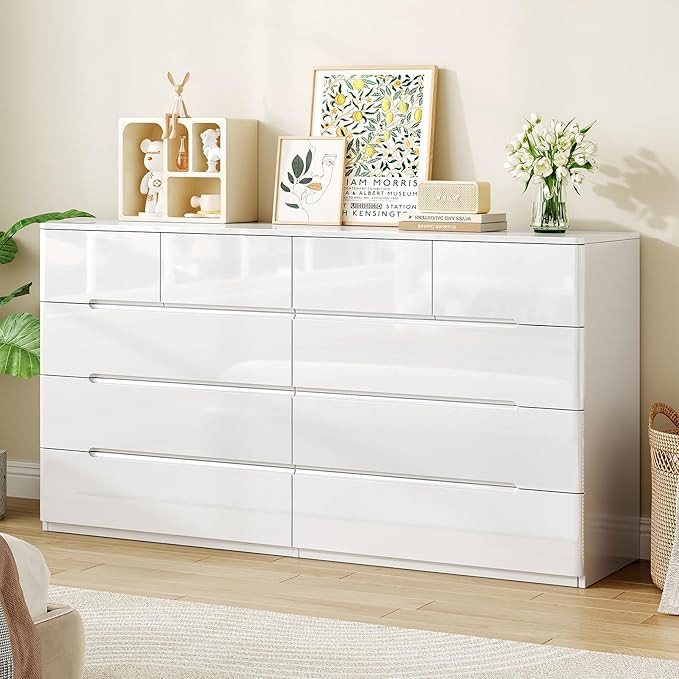 10 Drawer White Dresser for Bedroom, 55" Long Dresser Chest of Drawers, Large High Gloss Modern S... | Amazon (US)