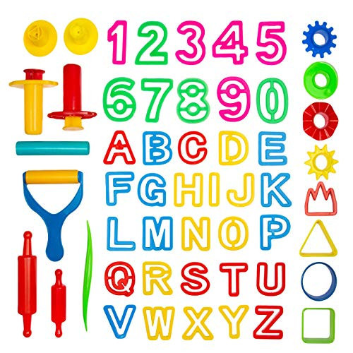 Kiddy Dough 45 Pieces Play Dough Tool Kit: Dough Accessories Set for Kids with Shapes, Numbers, Letters, Cutters, Dough Rollers, and Extruders | Amazon (US)