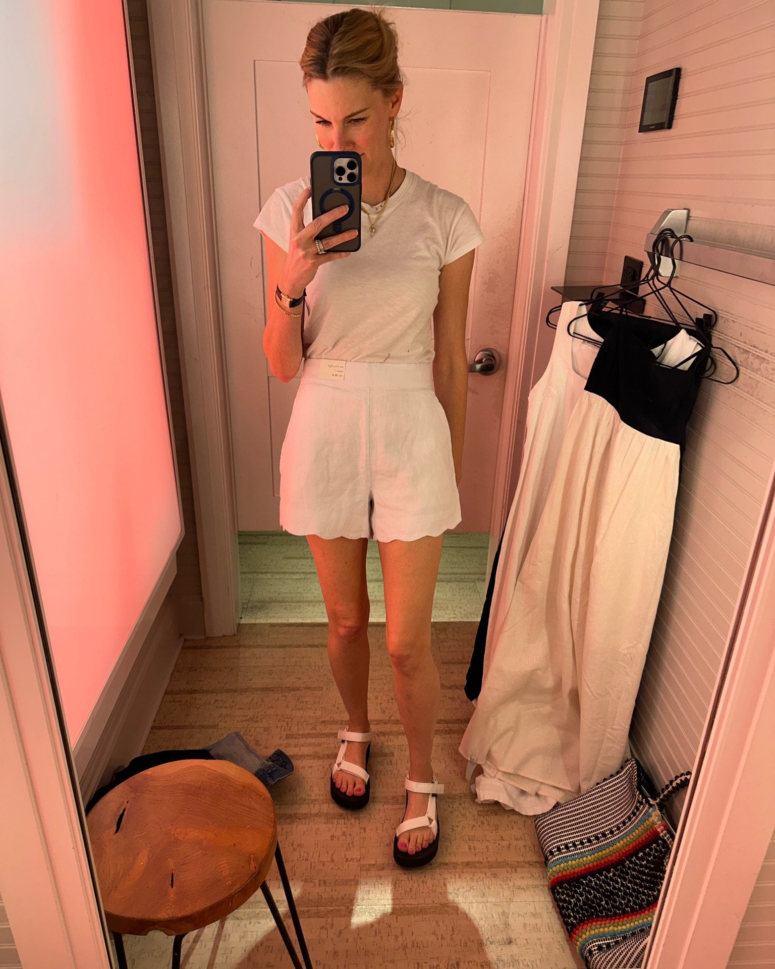 You know when you want to wear shorts but you don’t want to wear cut offs because you want to wear something a little dressier than jeans shorts? Or remember the chino shorts that went with everything and you wish they’d bring them back? Well, these shorts are the answer! I’m wearing a size 26. 