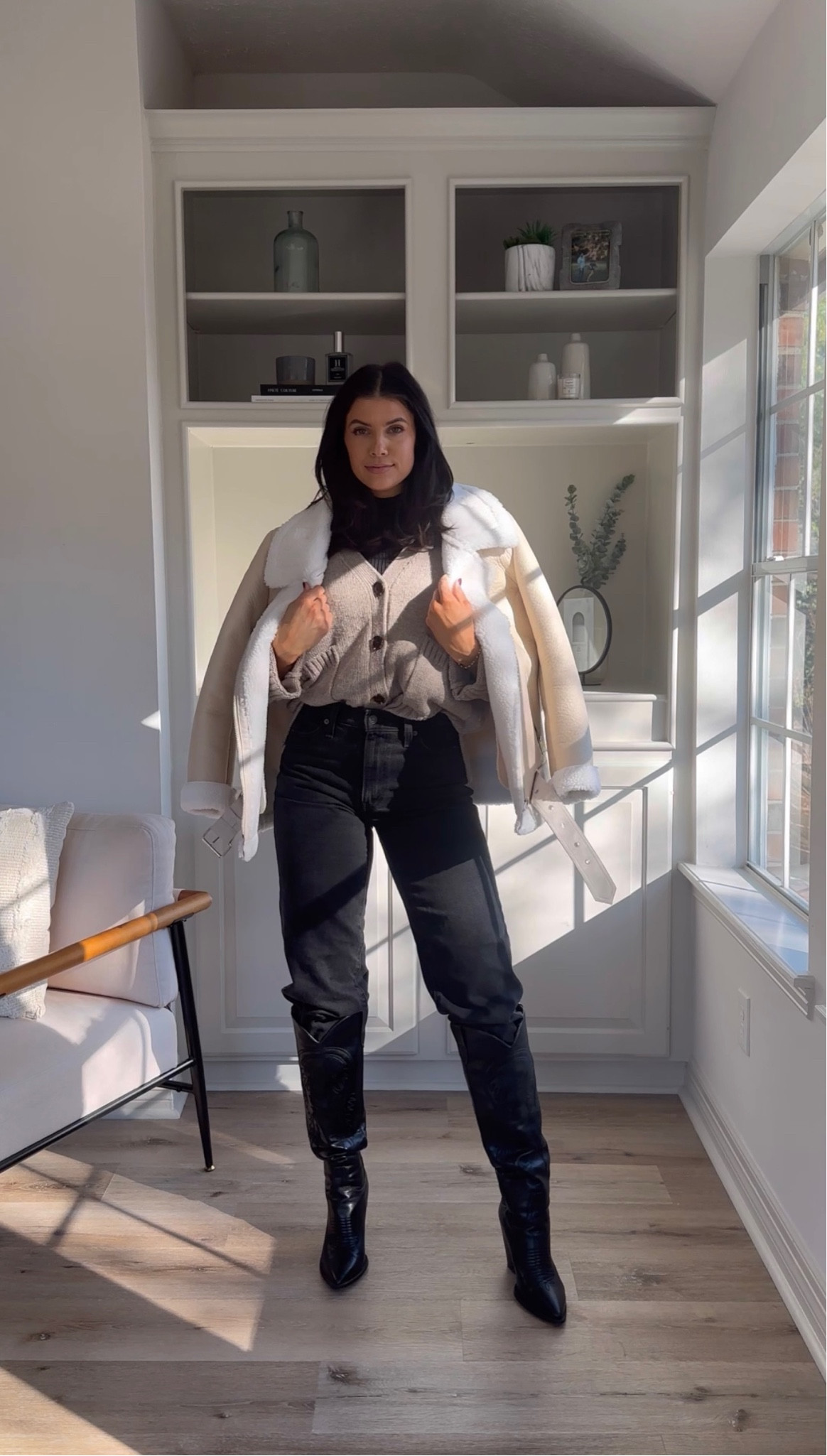 Capsule wardrobe outfit from amazon
Black sleeveless tank size medium
Western inspired Boots are TTS and so comfortable 
Cardigan is a size medium 
Sherling Jacket in a size medium 
Jeans are size 26- TTS

#LTKstyletip #LTKfindsunder50 #LTKsalealert