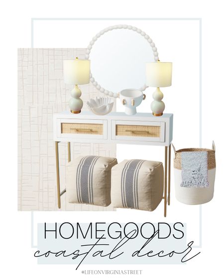 Homegoods coastal finds! This includes this console table, white and gold table lamps, ceramic shell, ceramic bowl, blue striped pouf, rope basket, blue throw blanket, and white round mirror.

coastal home, coastal finds, coastal living, coastal entryway, coastal decor, homegoods, furniture, console table, entry way decor, bedroom decor, designer inspired, beach house decor 

#LTKSeasonal #LTKhome #LTKstyletip