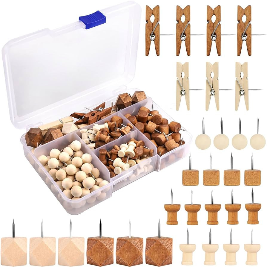 200 Pieces Wood Push Pins, 2 Colors 5 Types Thumb Tacks Decorative Push Pins for Cork Board Wall ... | Amazon (US)