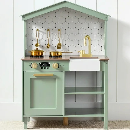 Best Choice Products Pretend Play Wooden Farmhouse Kitchen Set w/ Storage, Clicking Knobs, 5 Accessories - Sage | Walmart (US)