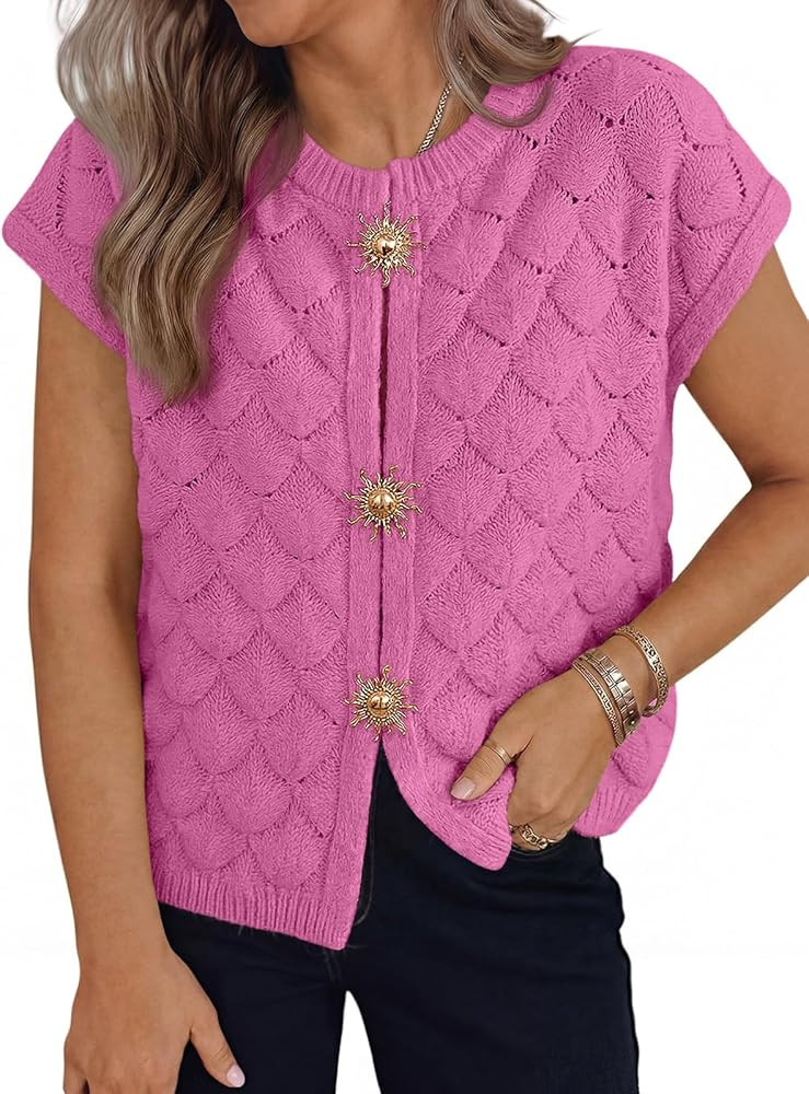 LILLUSORY Womens Sweater Vest Short Sleeve 2026 Summer Button Going Out Sweater Sexy Cute Crop To... | Amazon (US)