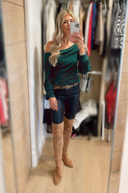 #OOTD This sweater is so soft and the forest green color is perfect for fall and the holidays. Love the option to wear it off the shoulder. These over-the-knee boots are Stuart Weitzman dupes and extremely well made for the price!

#LTKunder50 #LTKshoecrush #LTKSeasonal