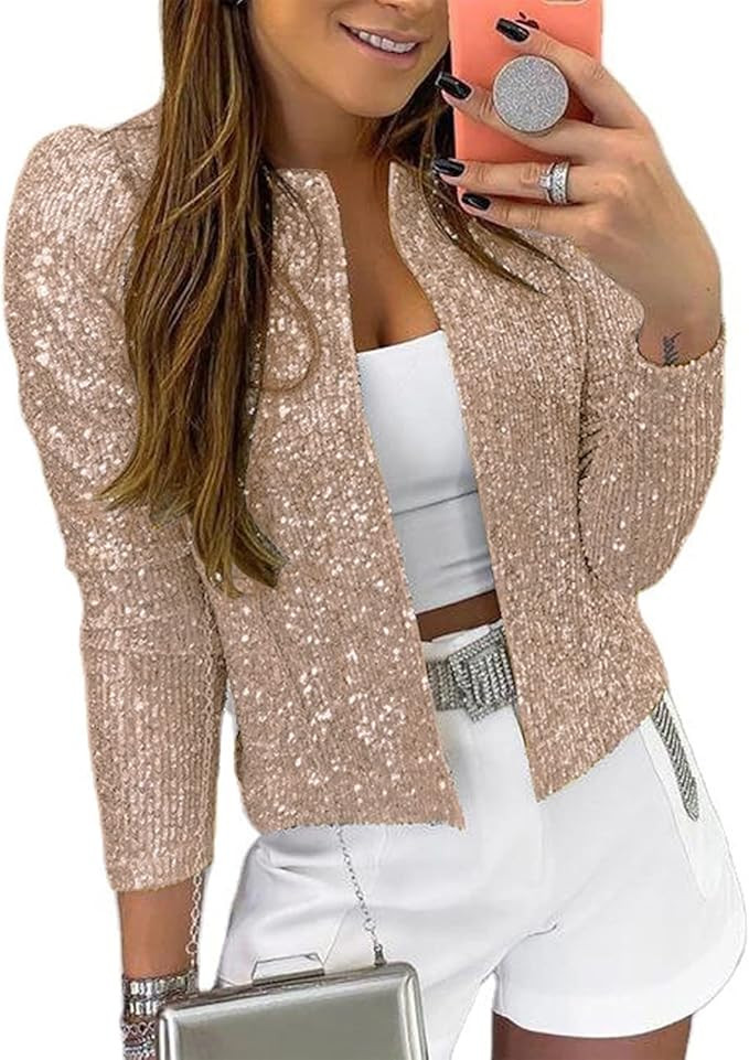 nqgsntc Women Sequin Blazer Open Front Jacket Party Christmas Puff Sleeve Sparkly Coats | Amazon (US)