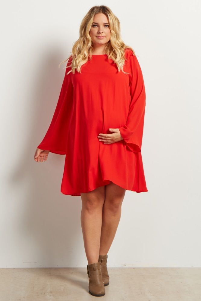 Red Chiffon Bell Sleeve Plus Size Maternity Dress | PinkBlush Maternity