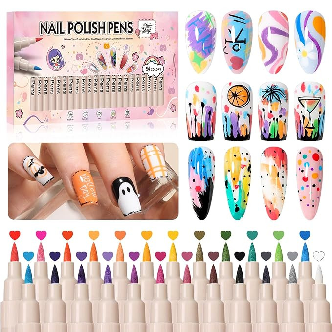 24 Colors Nail Art Pens Set, Professional Nail Polish Markers with Fine Tip & Dotting Brush, Mark... | Amazon (US)