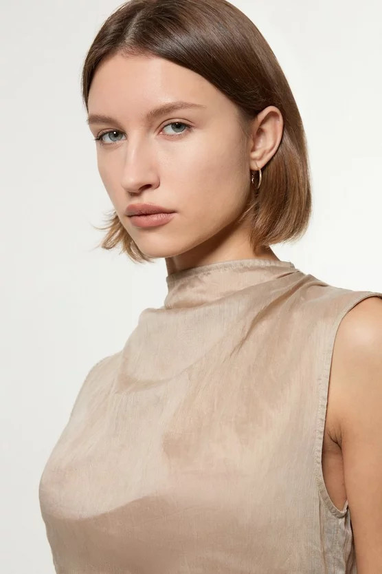 Slub Organdie Woven High Neck Top | Karen Millen US