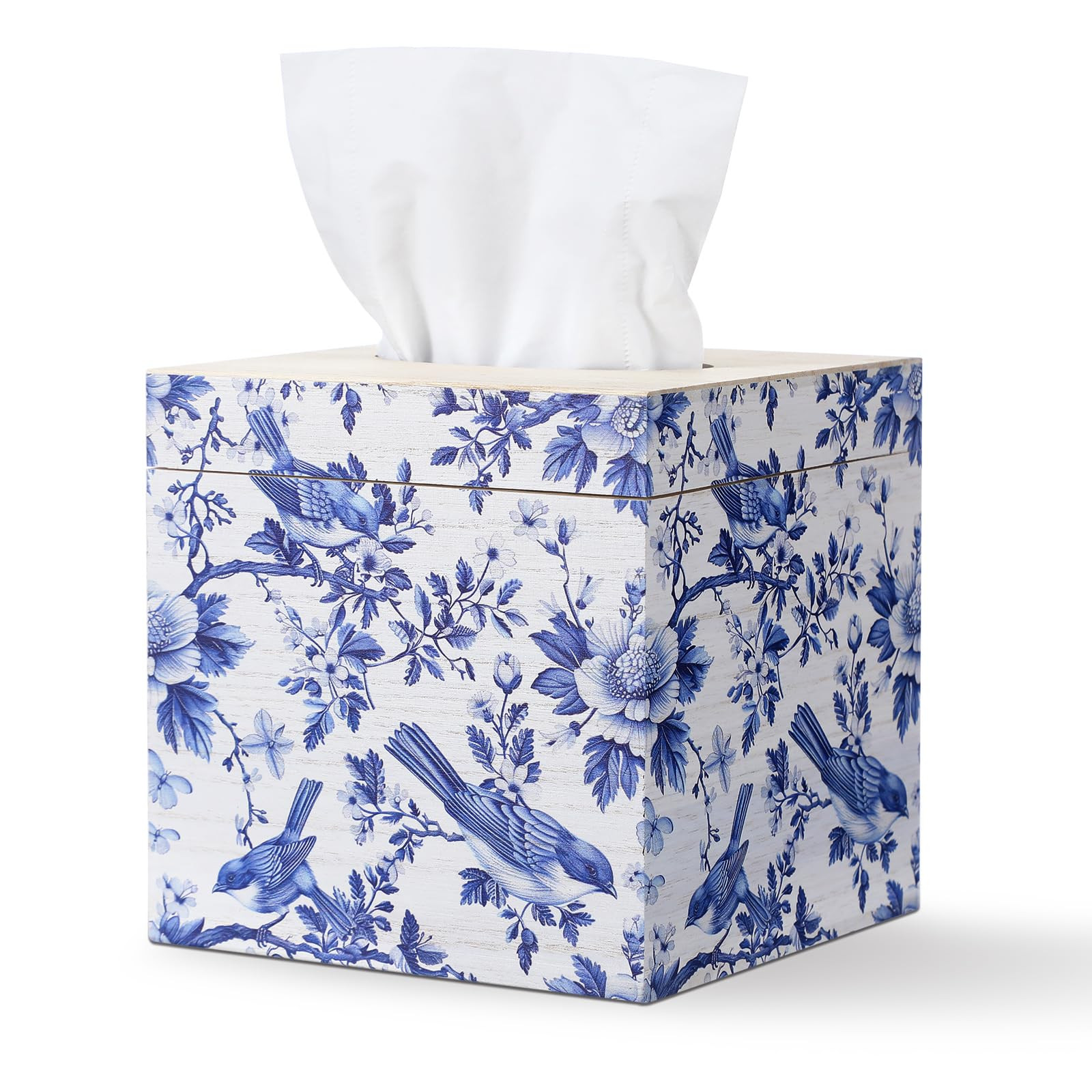 Blue and White Tissue Box Cover Wooden Floral Bird Vintage Square Tissue Box Holder for Bedroom B... | Amazon (US)