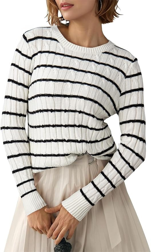 EVALESS Womens Cable Knitted Old Money Pullover Sweater Crewneck Business Casual Long Sleeve Tops | Amazon (US)