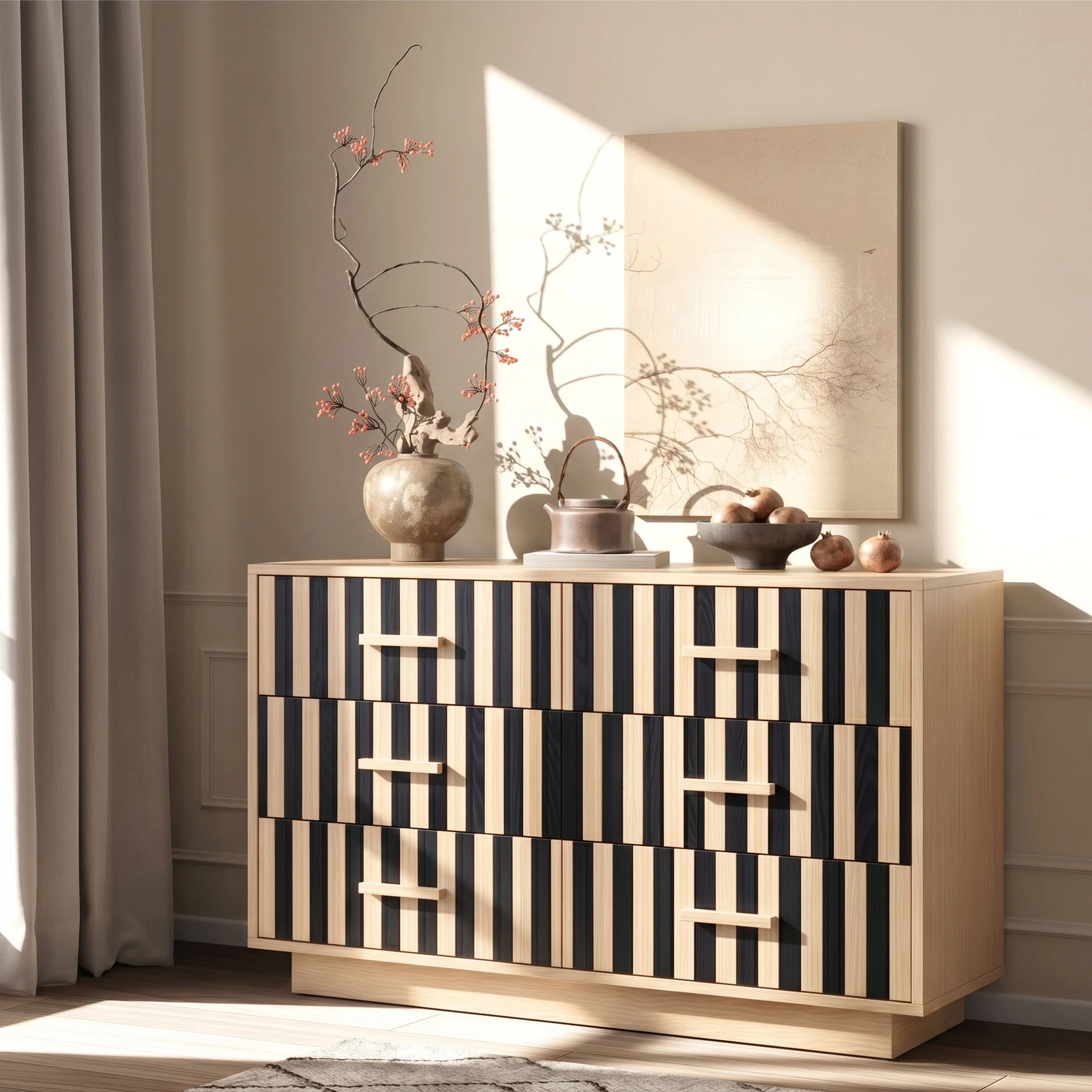 59.06" Wide Striped Wood Dresser, 6 Drawer Modern Chest of Drawers with Contrast Black Natural Wood Vertical Stripes, Mid-Century Wide Storage Dresser | Wayfair North America
