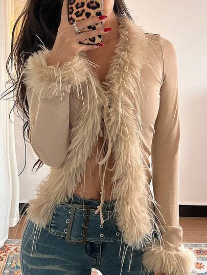 Almamuse Fuzzy Trim V-Neck Knit Cardigan, Khaki Color With Tie, Autumn/Winter Layering Top, Sexy Style For Women | SHEIN