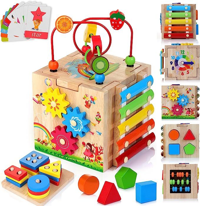 HELLOWOOD Wooden Activity Cube, 8-in-1 Montessori Toys Gift Set for 12+ Months Boys & Girls, Educ... | Amazon (US)