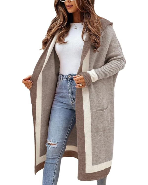 chouyatou Women's Color Block Vertical Striped Open Front Oversized Hooded Long Cardigan Sweaters... | Amazon (US)