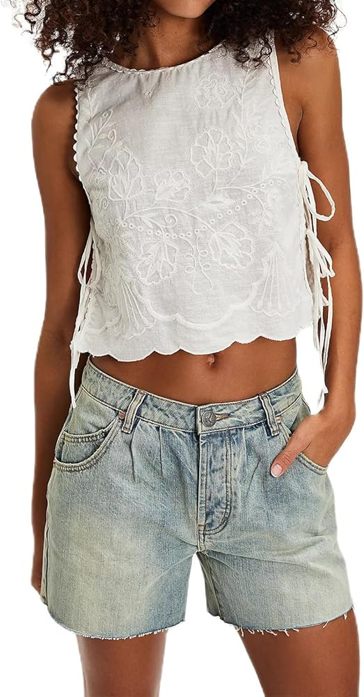 Embroidery Flower Tank Tops for Women Y2K Sleeveless Square Neck Tie Up Cropped Vest Summer Chic ... | Amazon (US)