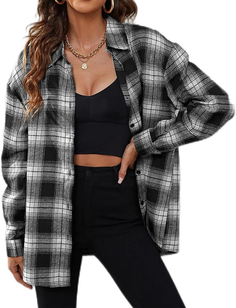 Oyamiki Womens Casual Cuffed Long Sleeve Boyfriend Button Down Plaid Flannel Shirt Tops | Amazon (US)
