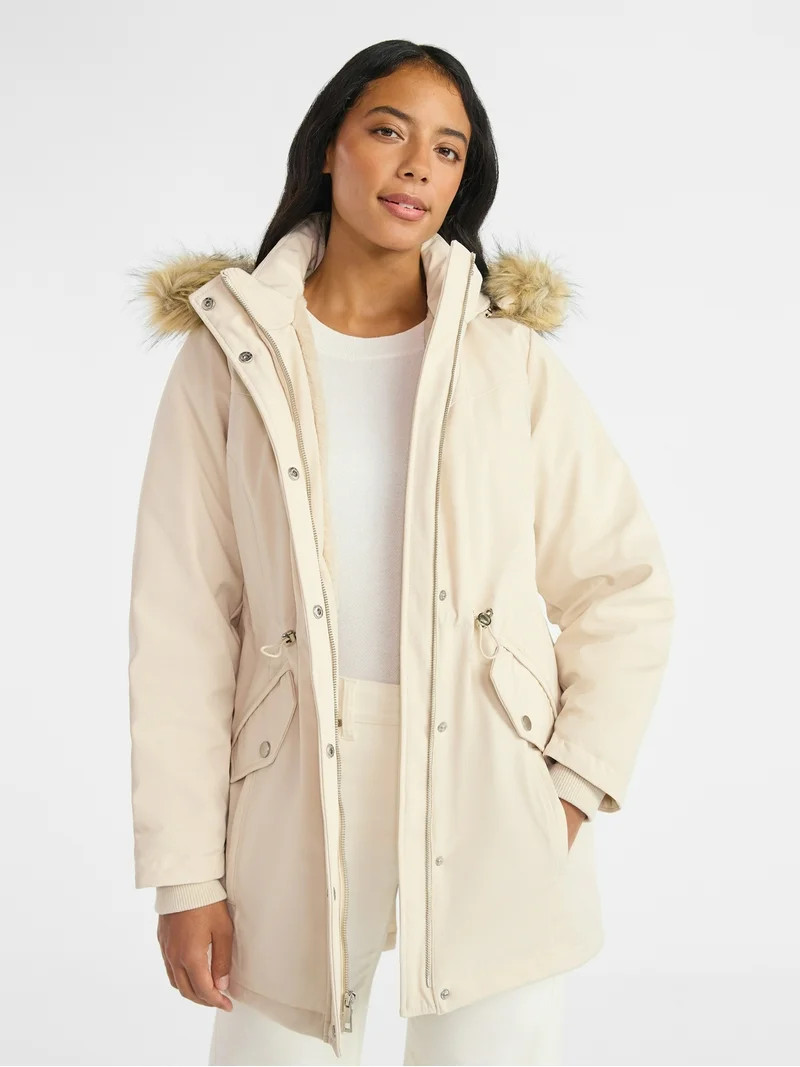 Time and Tru Women's and Women's Plus Hooded Anorak Jacket with Faux Fur Trim, Heavyweight, Sizes... | Walmart (US)