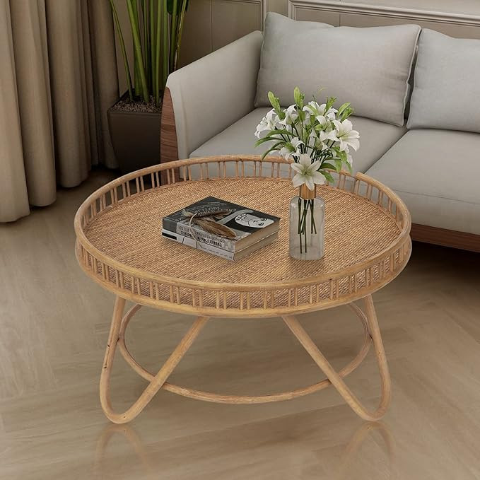 FINECASA Round Rattan Coffee Table, 32x18 '' Wicker Coffee Table, Boho Hand-Woven Rattan Top, Uni... | Amazon (US)
