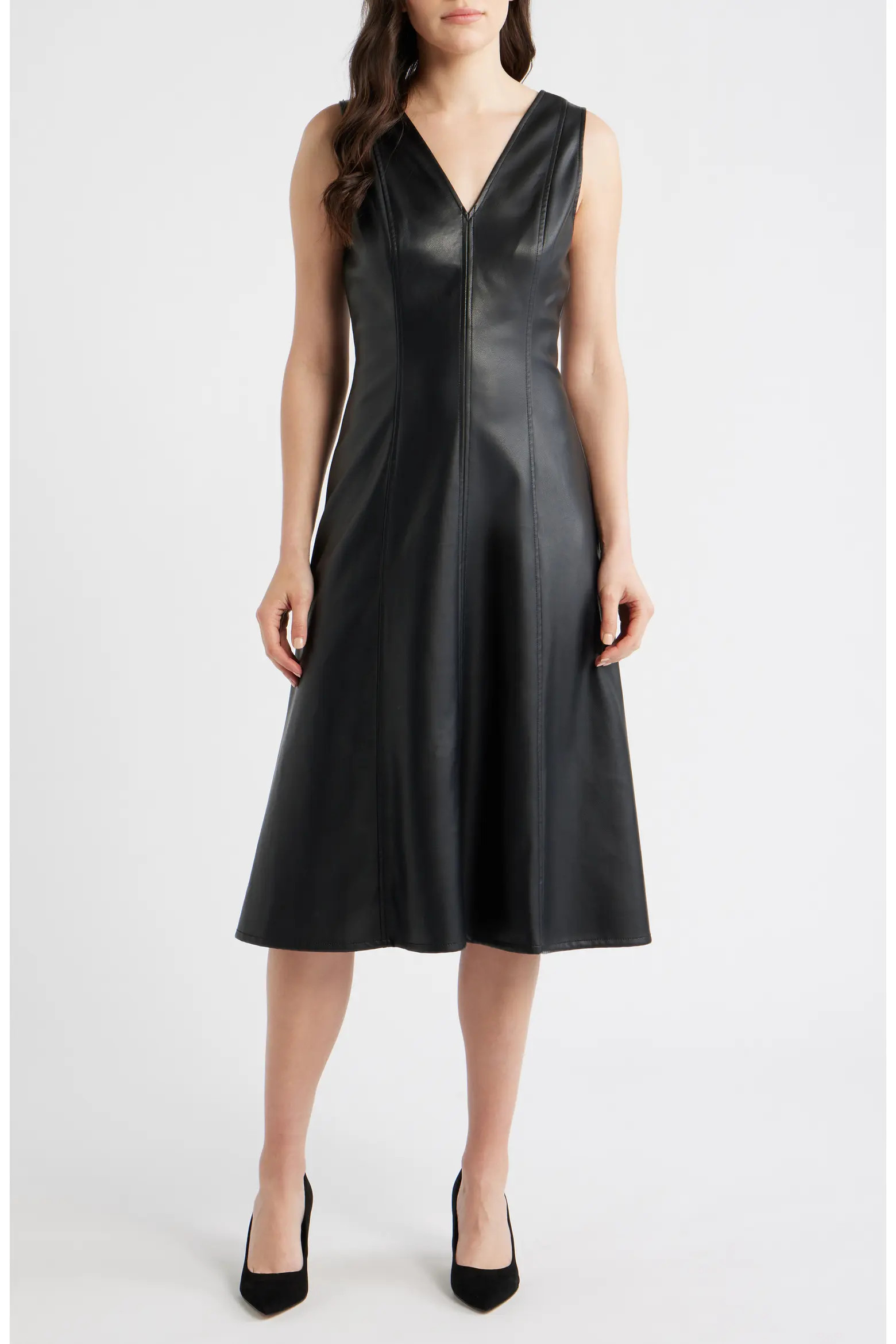 V-Neck Faux Leather Fit & Flare Midi Dress (Women) | Nordstrom | Nordstrom