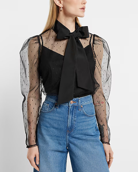 Tulle Polka Dot Tie Mock Neck Puff Sleeve Top | Express