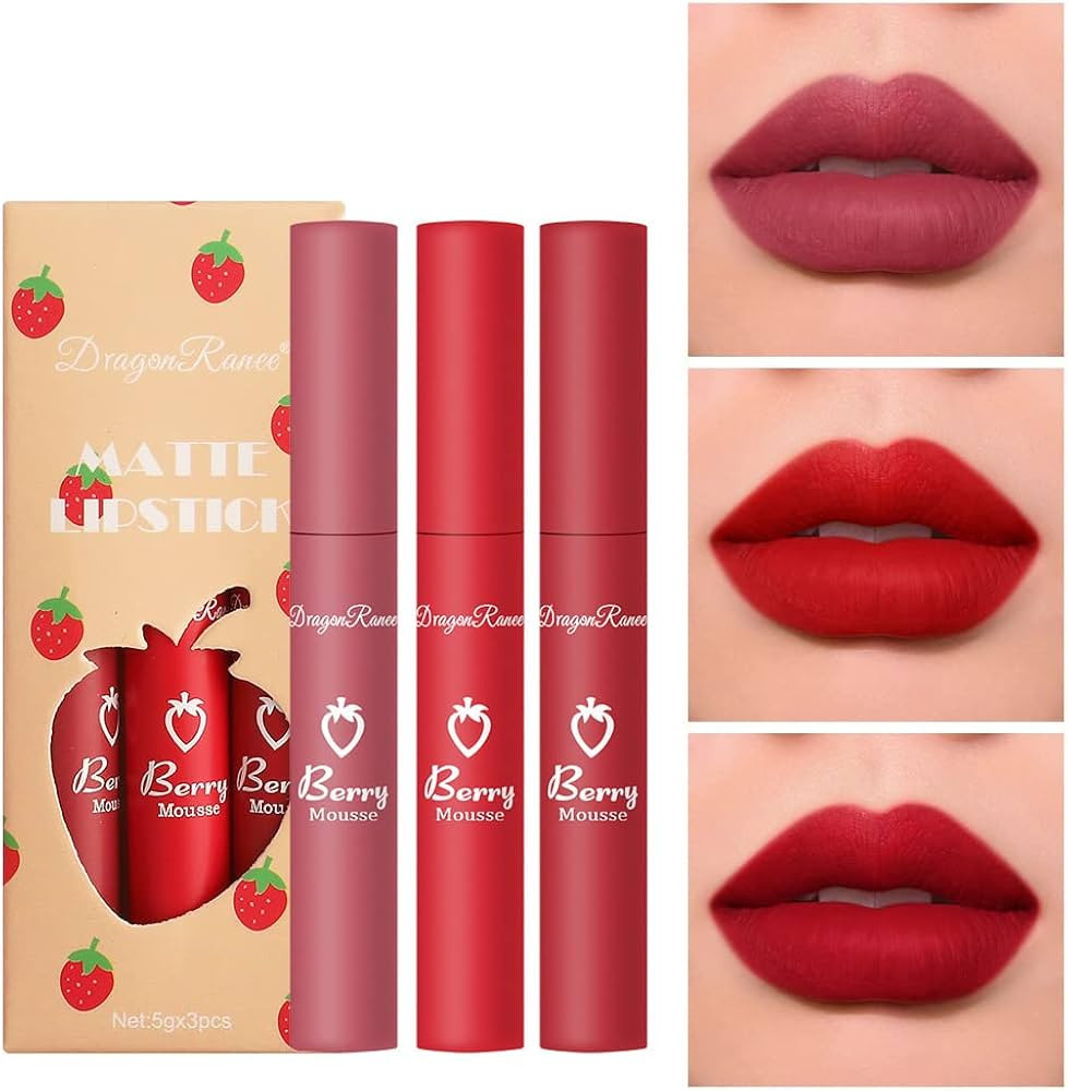 1 Pack Of 3 Colors Strawberry Berry Mousse Matte Lipstick, Softness Velvet Matte Lip Gloss Lip Co... | Amazon (US)